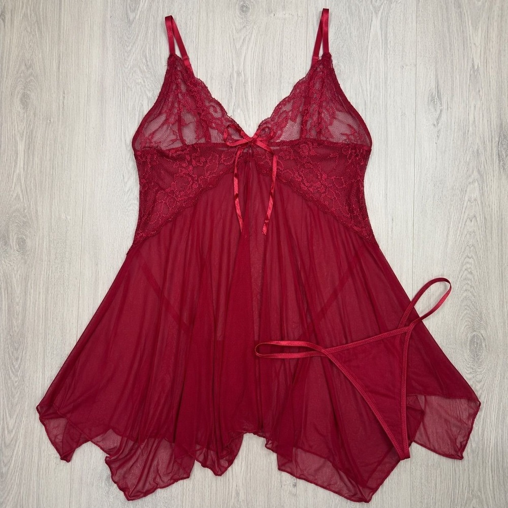 Wine Red Lace Babydoll Lingerie Sheer Mesh Tie-Front Sleepwear Set